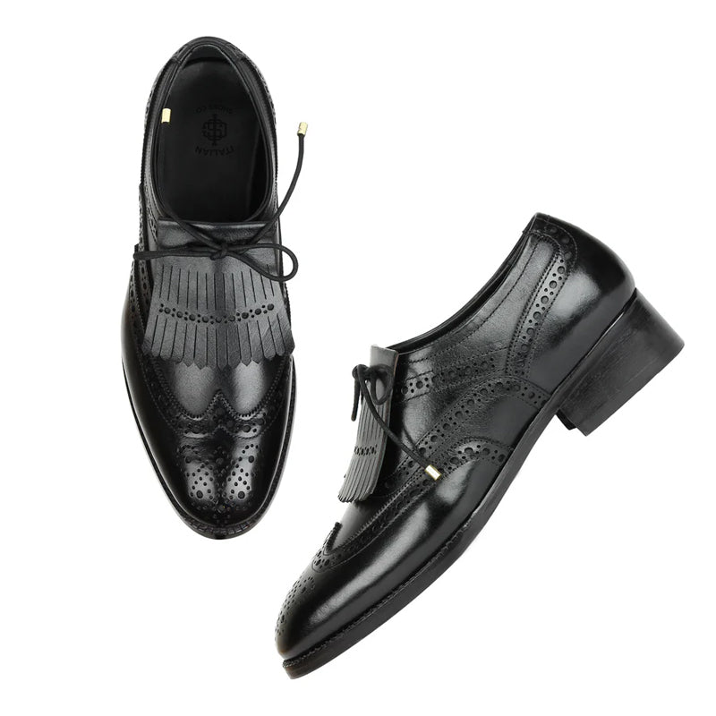 Wingtip Leather Fringed Design Oxford Shoes