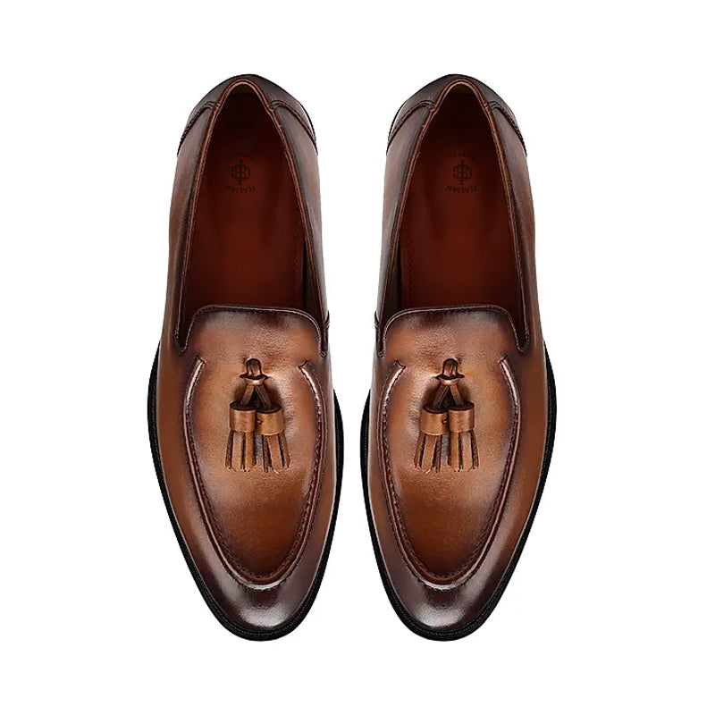 Pure Solid Leather Tassel Tan Loafer