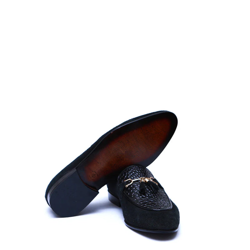 Pure Suede Leather Tassel Black Loafer With Gold Buckle