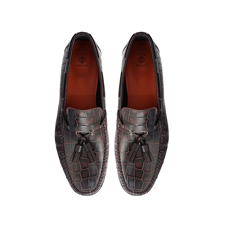 Crocodile Pattern Side Lacing Leather Tassel Loafer