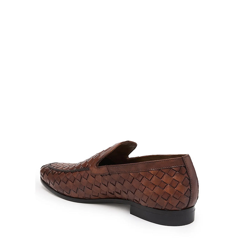 Men Woven Textured Handmade Pure Leather Brown Loafer