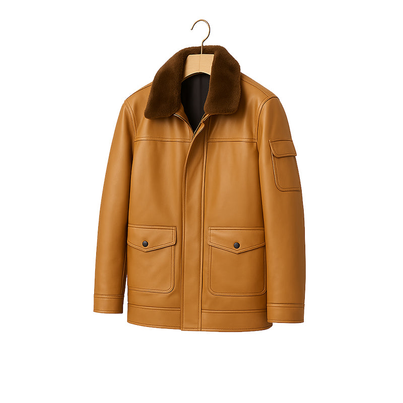 Men's Luxurious Tan Front Pocket Jacket with Fur Collar