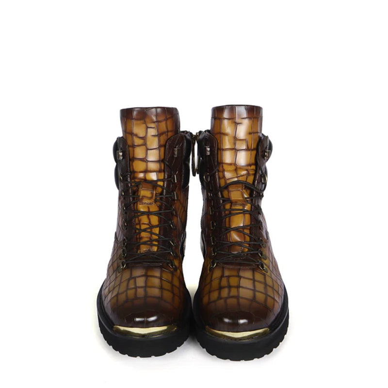 Croco Deep Cut Leather Lace-UP Ankle Boot