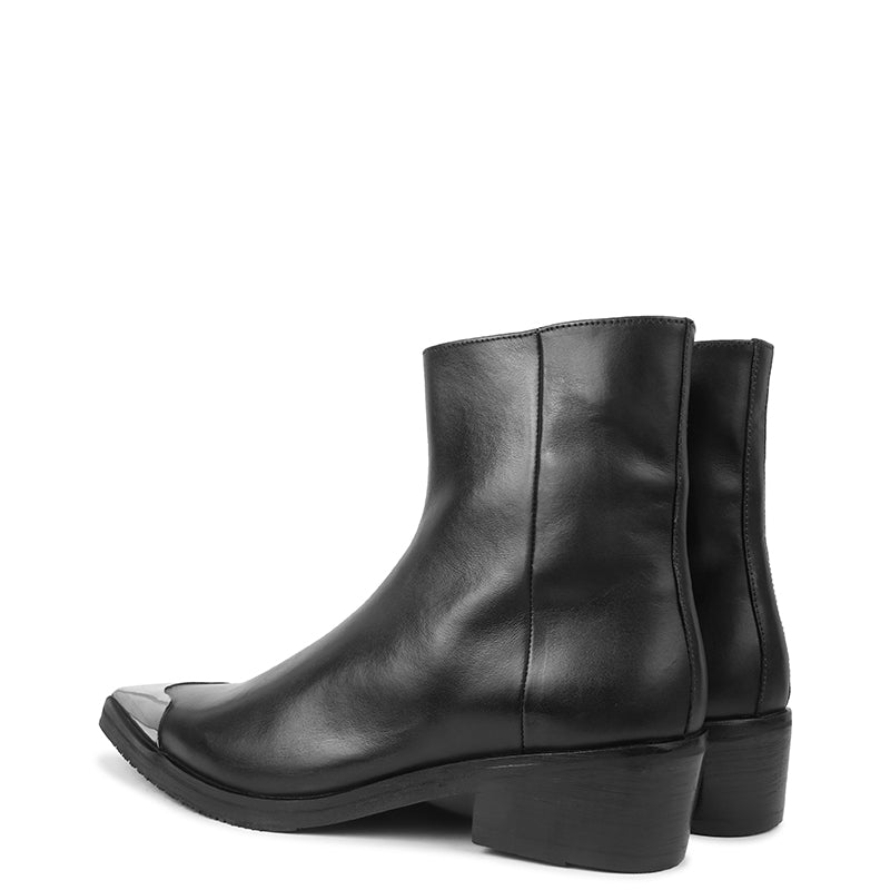 Metallic Toe Premium Leather Side-Zipper Black Boot