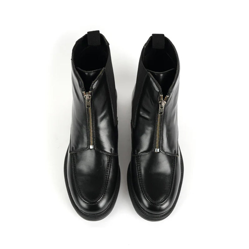 Polished Leather Front Zip Up Black Boot For Men