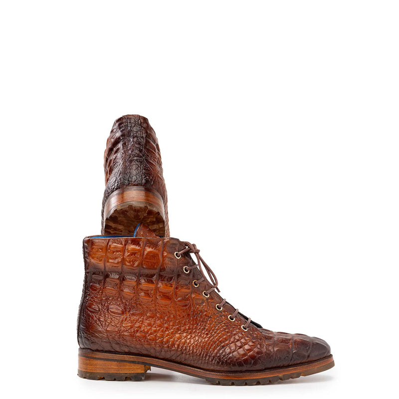 Hand-Painted Croco Print Leather Lace-Up Boot Burgundy
