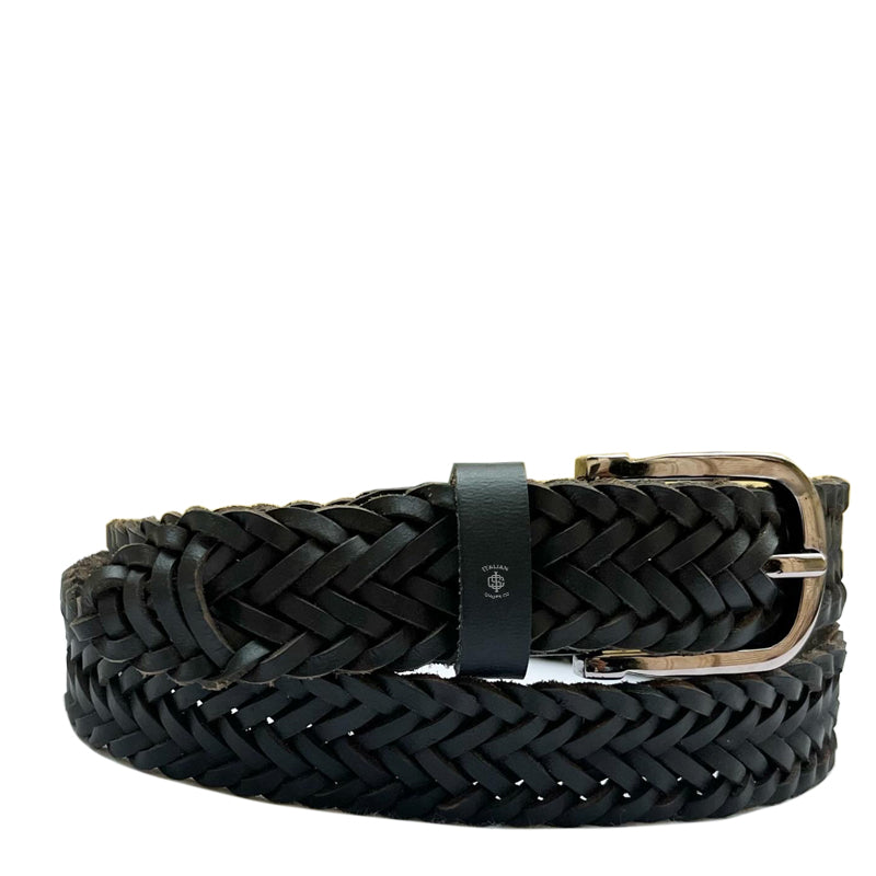 Pliancy Leather Braided Belt Black Rose Gold
