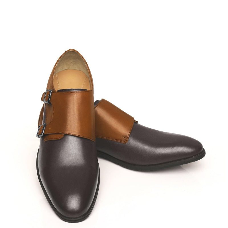 Leather Double Monk Strap Burgundy and Black Shoe For Men
