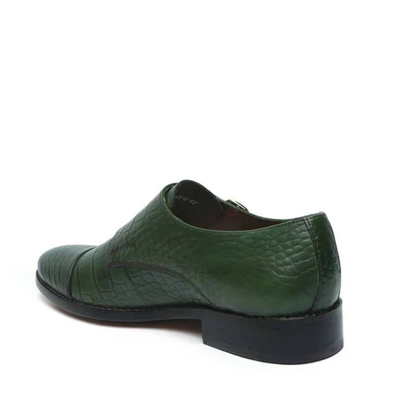 Men Croco Print Leather Double Monk Tan/Brown Shoe