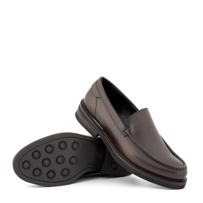Round Toe Slip On Leather Brown Loafer