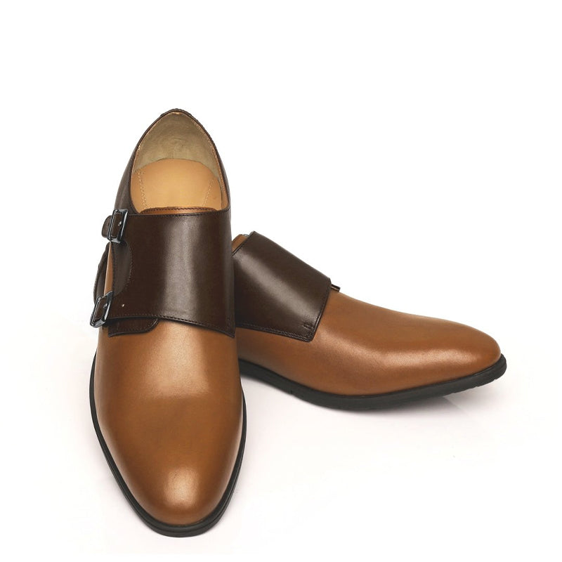 Leather Double Monk Strap Black and Burgundy Shoe For Men