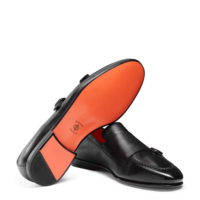 Men Black Polished Double Buckle Leather Loafer