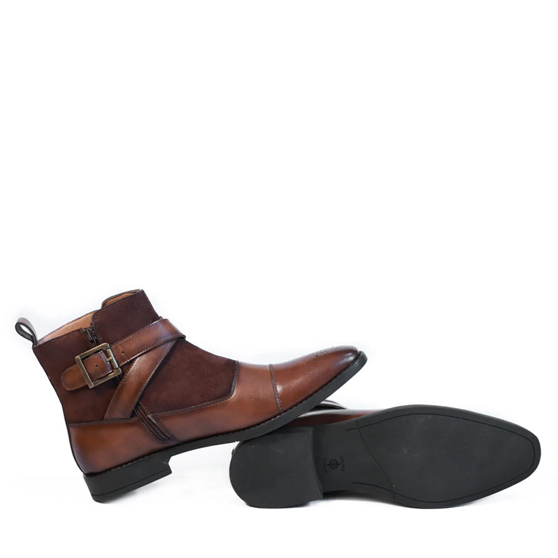 Leather Side Zip Up Buckled Ankle Black Boot