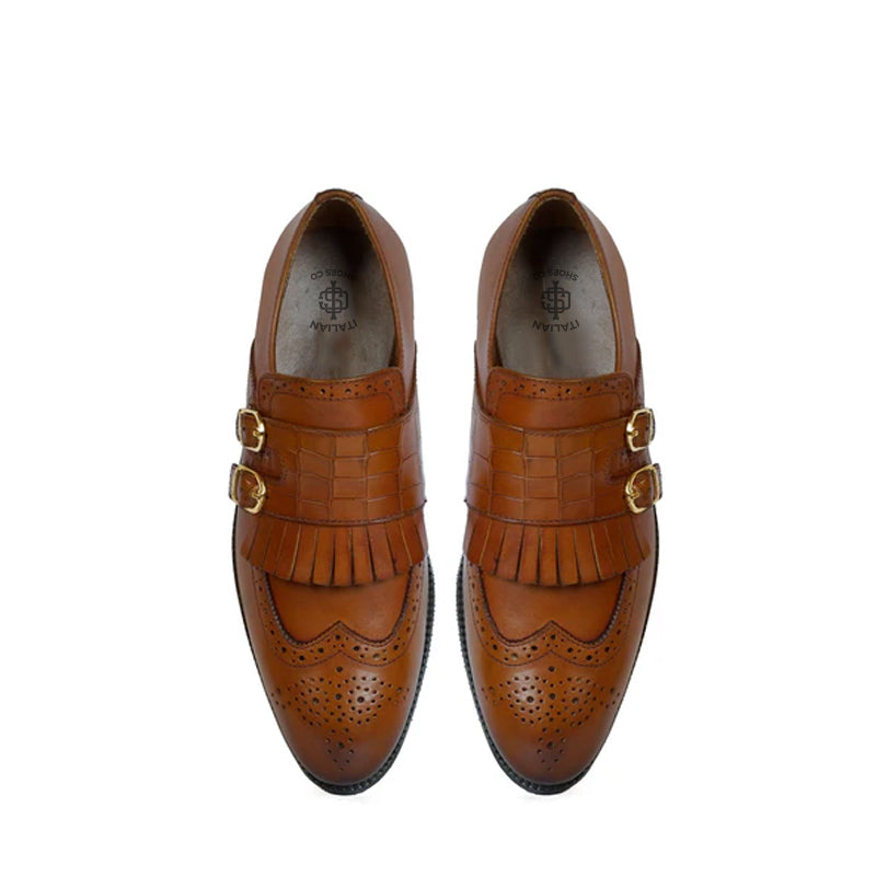 Croco Textured Double Monk Brown Shoe with Fringes