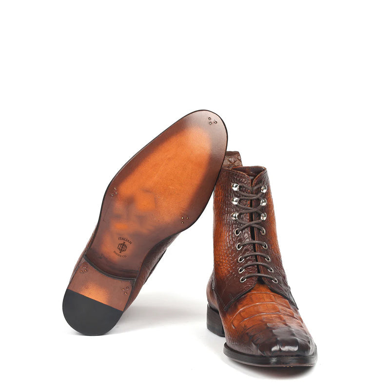 Croco Embossed Leather Lace Up Ankle Boots