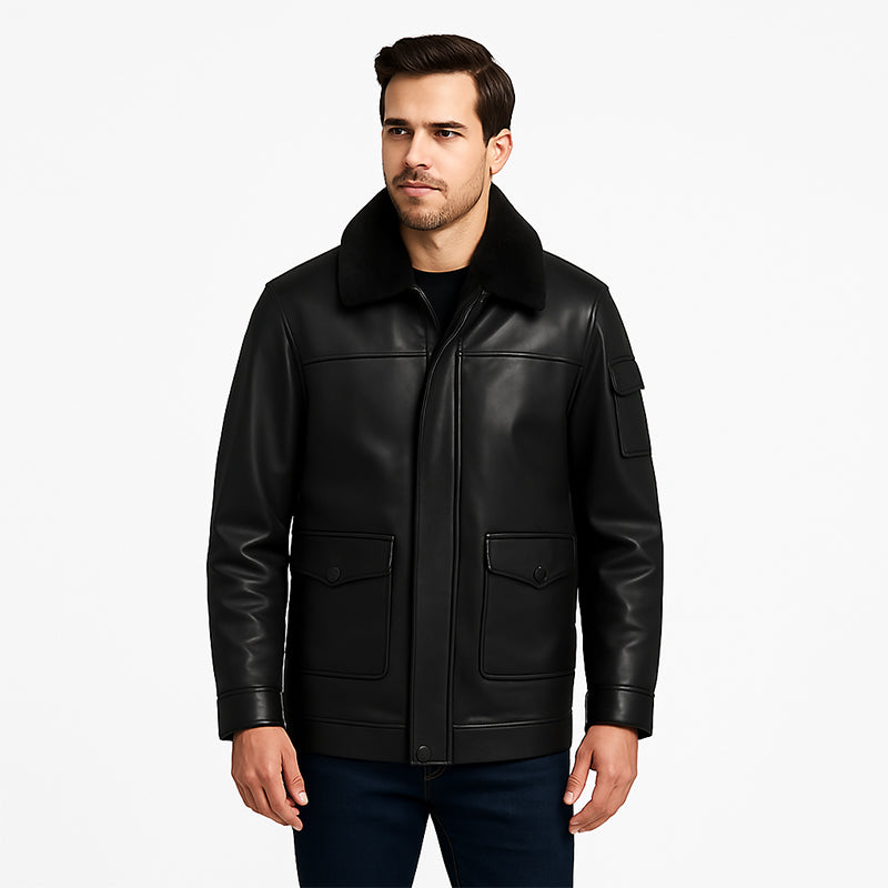 Men's Luxurious Tan Front Pocket Jacket with Fur Collar