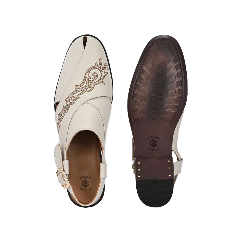 Back Strap Handpainted Leather Peshawari Off White Sandal