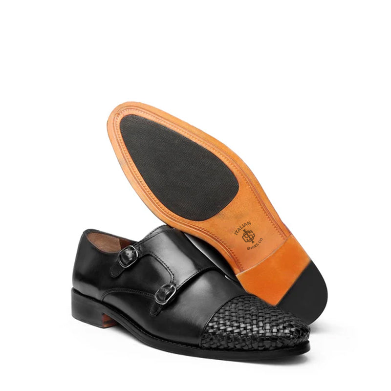 Double Monk Woven Leather Cap Toe Brown Shoe