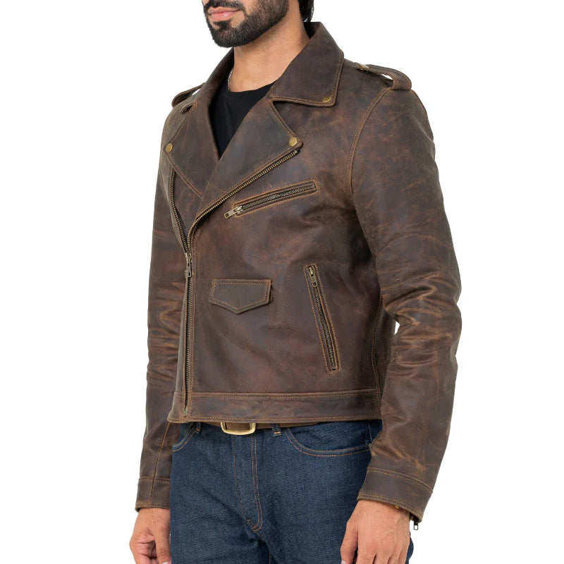 Men Solid Slim Fit Leather Biker Jacket