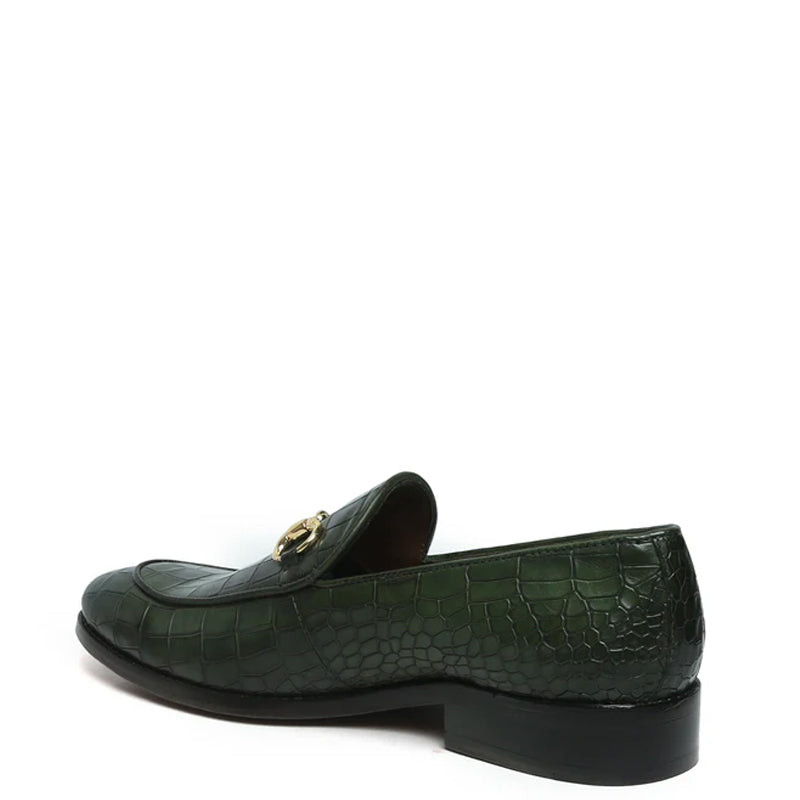 Croco Print Deep Cut Horse-bit Buckled Tan Loafer