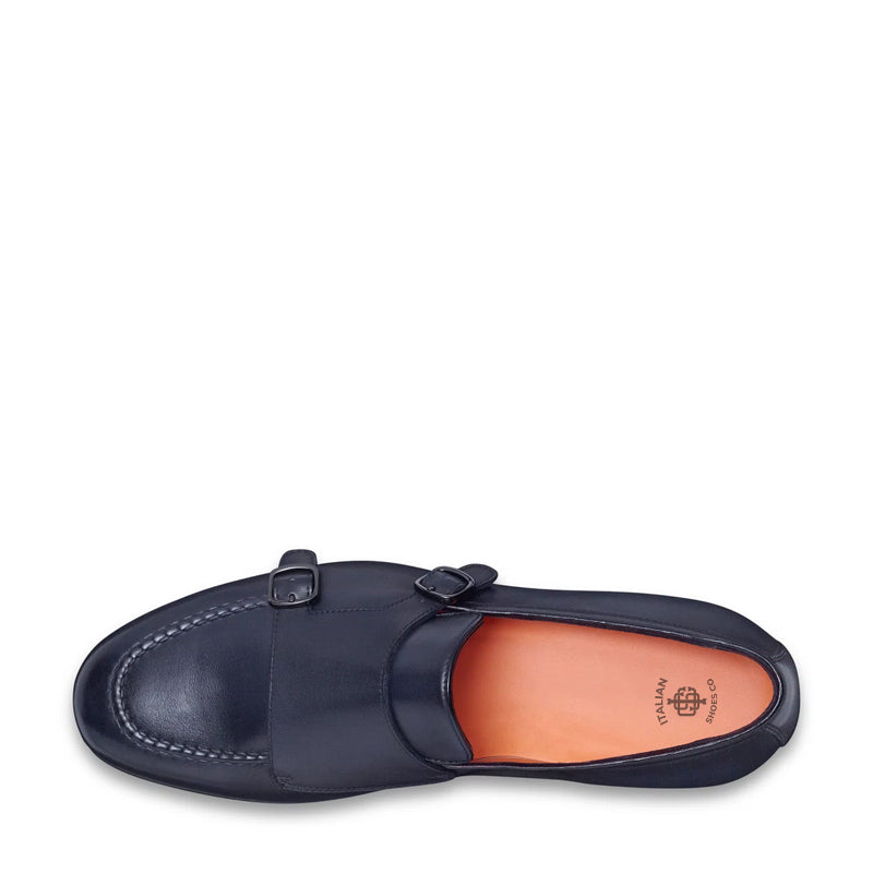 Men Blue Polished Double Buckle Leather Loafer