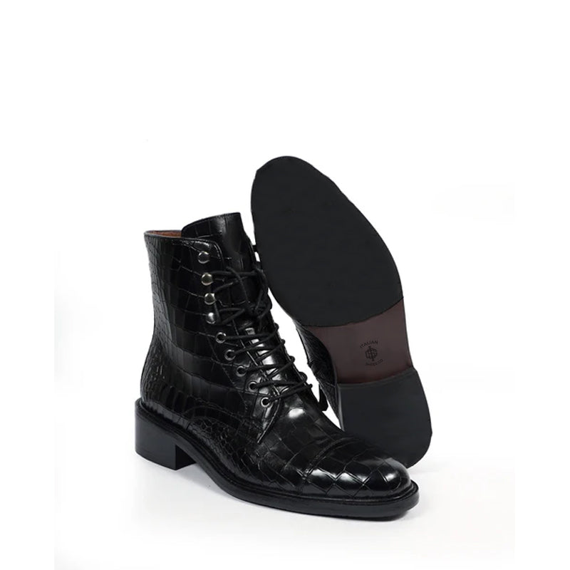 Croco Leather Lace-Up High Ankle Boot