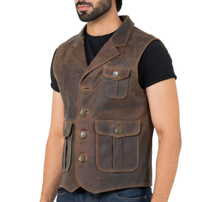 Men Slim Fit Half Sleeve Leather Jacket