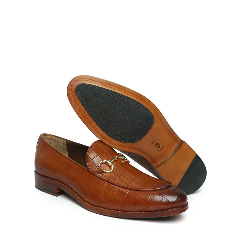 Croco Deep Cut Horse-bit Buckled Leather Dark Brown Loafer