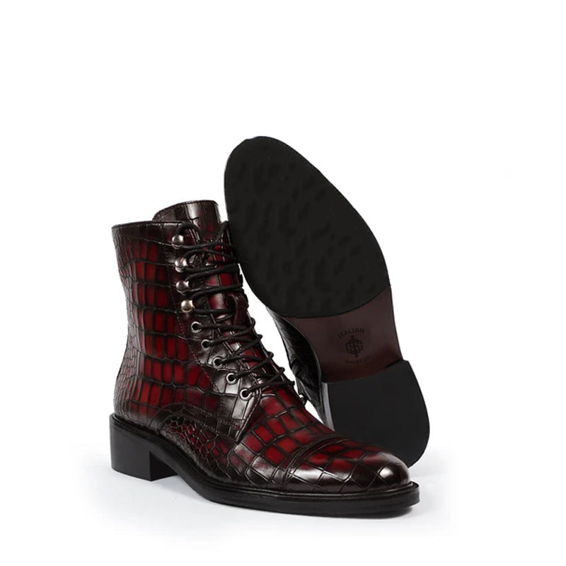 Croco Leather Lace-Up High Ankle Boot