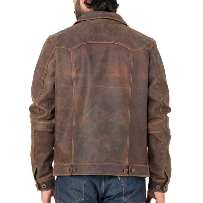 Men Solid Leather Trucker Jacket