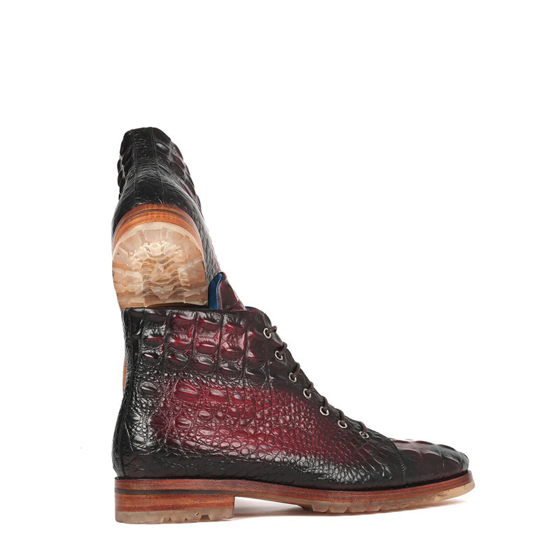 Hand Painted Croco Print Leather Lace Up Boot Burgundy