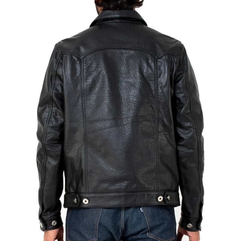 Men Solid Leather Trucker Jacket