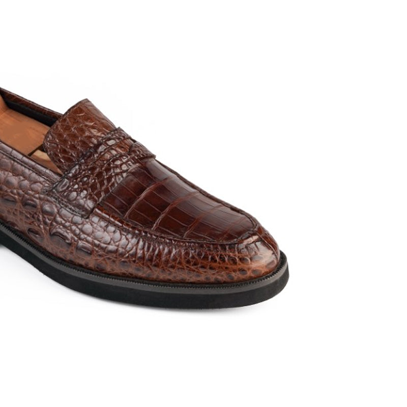 Handmade Croco Print Penny Leather Black Loafer