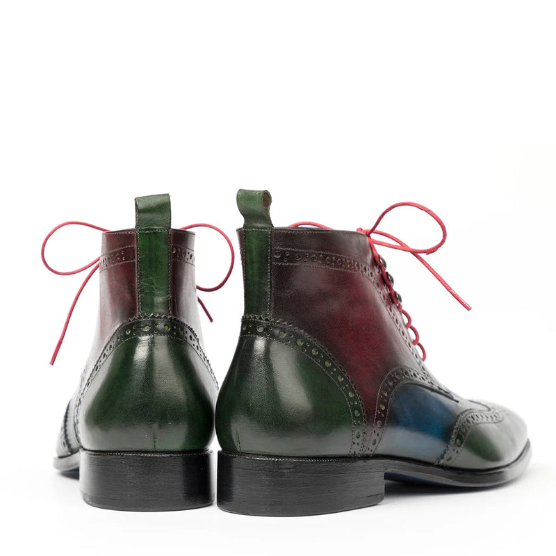 Men Dual Tone Leather Wingtip Ankle Green & Blue Burgundy Boot