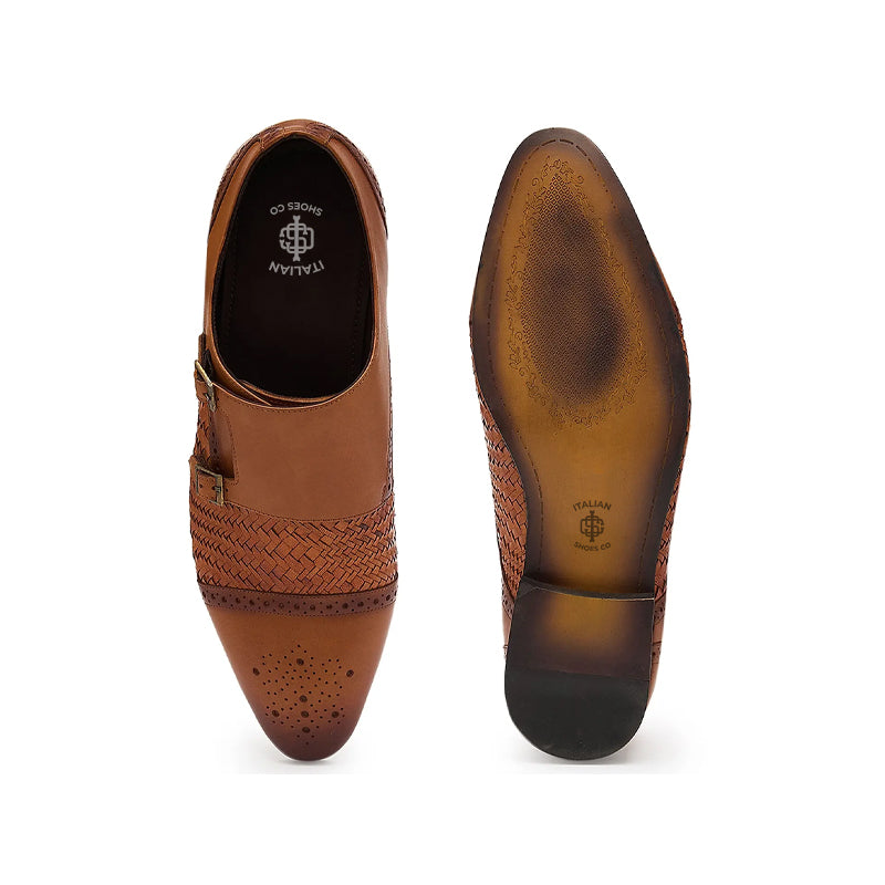 Men Woven Textured Leather Double Monk Shoe
