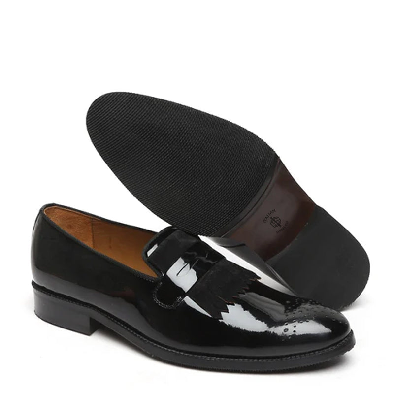 Patent Leather Slip-On Brown Shoe With Fringes