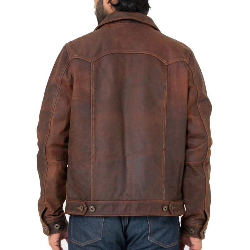 Men Solid Leather Trucker Jacket