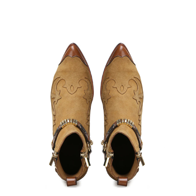 Luxury Stylish Leather Side-Zipper Tan Boot With Chain