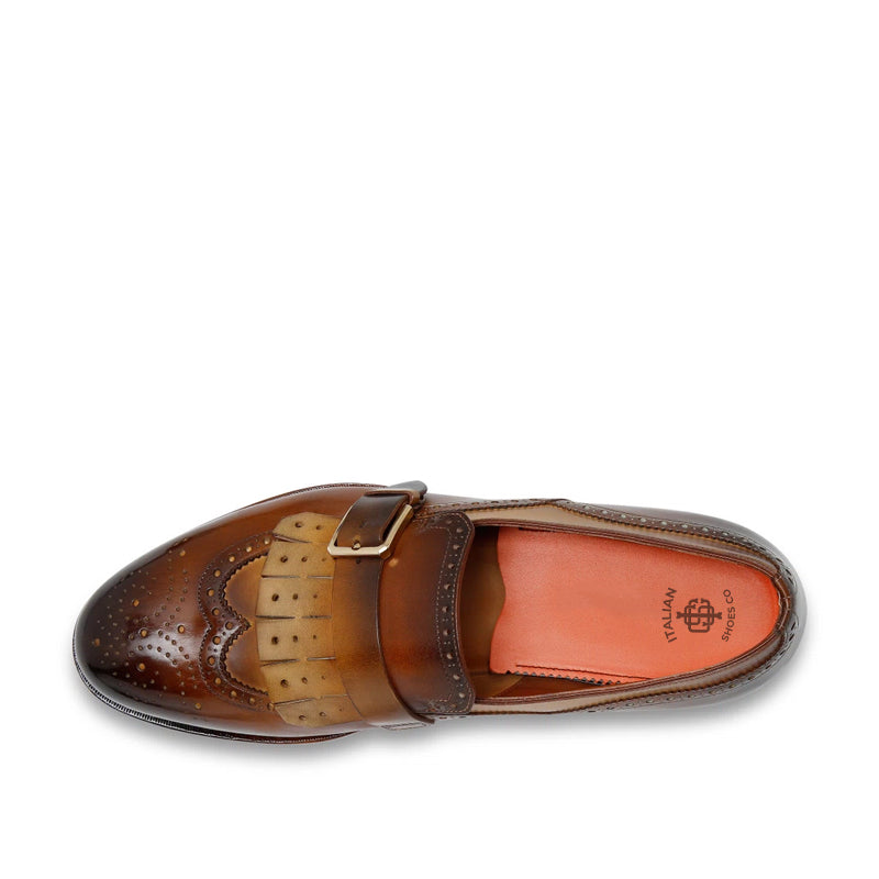 Handmade Leather Single Buckle Tan Loafer With Fringe