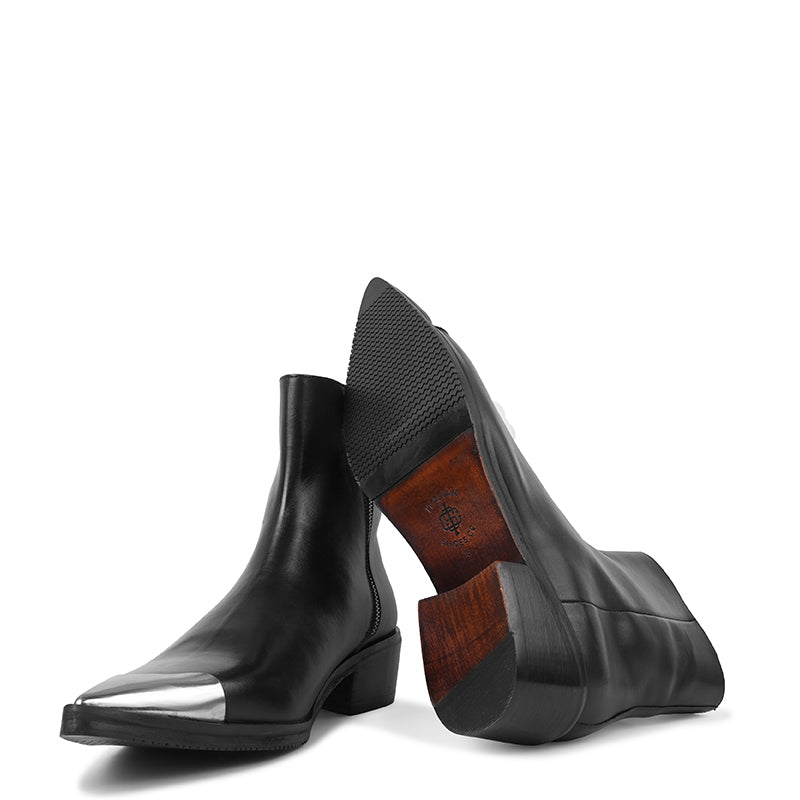 Metallic Toe Premium Leather Side Zipper Black Boot