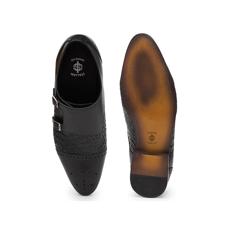 Men Woven Textured Leather Double Monk Shoe