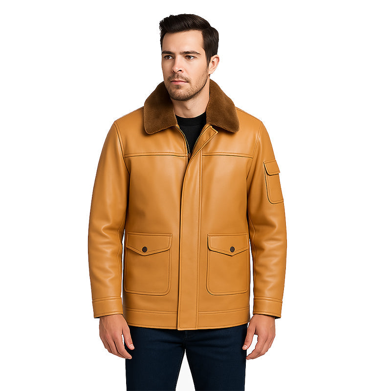 Men's Luxurious Brown Front Pocket Jacket with Fur Collar