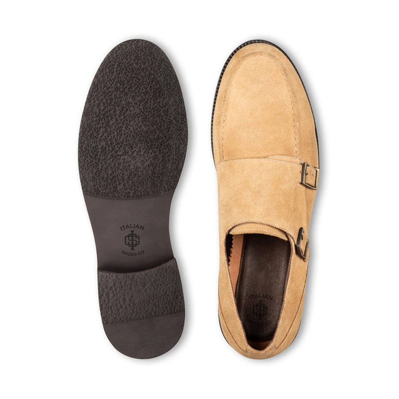 Men Suede Leather Double Monk Straps Tan Shoe