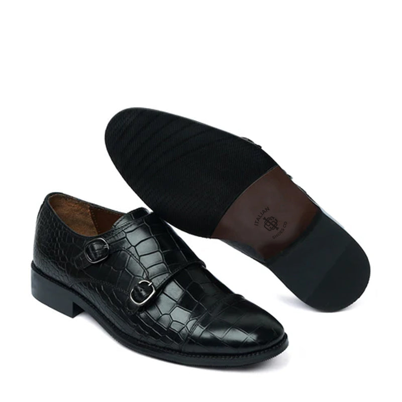 Croco Textured Leather Double Monk Green Shoe