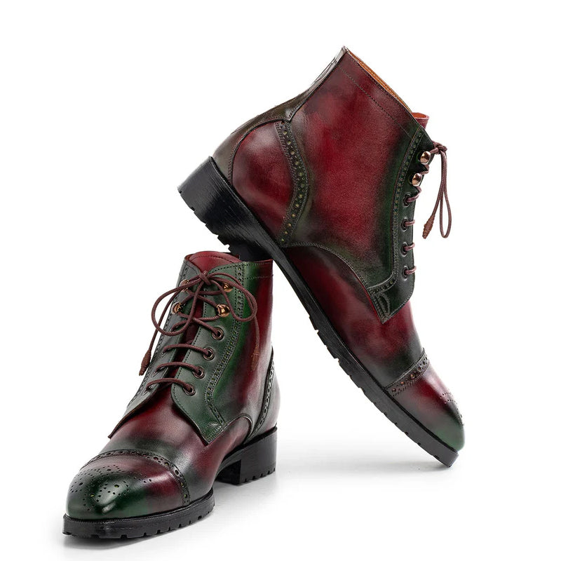 Men Hand Painted Leather Lace Up Cap Toe Boots