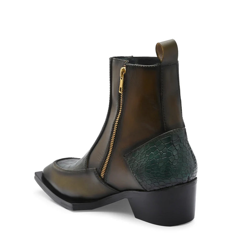 Luxury Croco Textured Leather Side-Zipper Boot Green and
