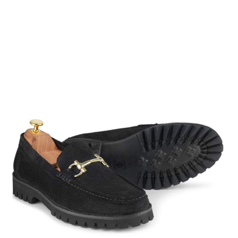 Suede Leather With Horse-bit Buckled Black Loafer