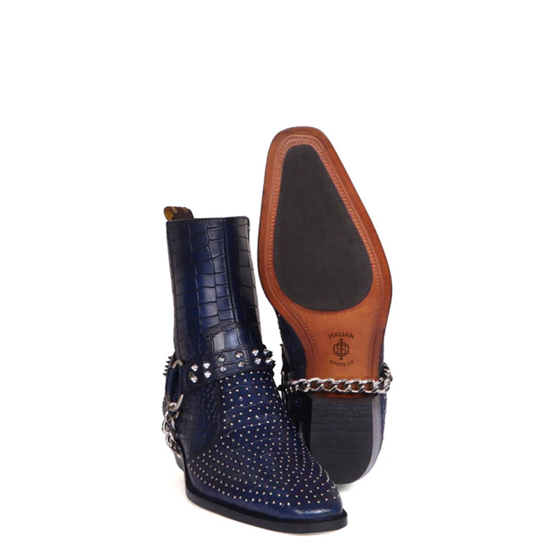 Croco With Silver Studded Buckle Side-Zipper Chain Boots