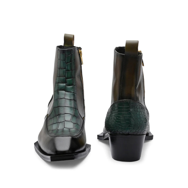Luxury Croco Textured Leather Side-Zipper Boot Green and