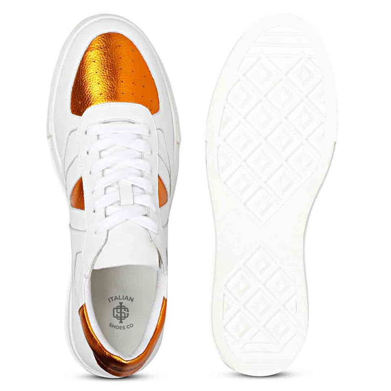 Leather Handcrafted White and Green Sneaker For Men
